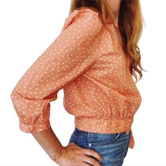 Madewell Blouse Top Shirt Wrap Peach Scatter Star Crossover Waist Tie Size XS - Picture 7 of 10